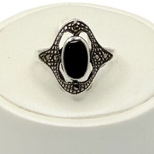 Sterling Silver Marcasite Black Onyx Ring Sz 5.5 Unisex Pinky